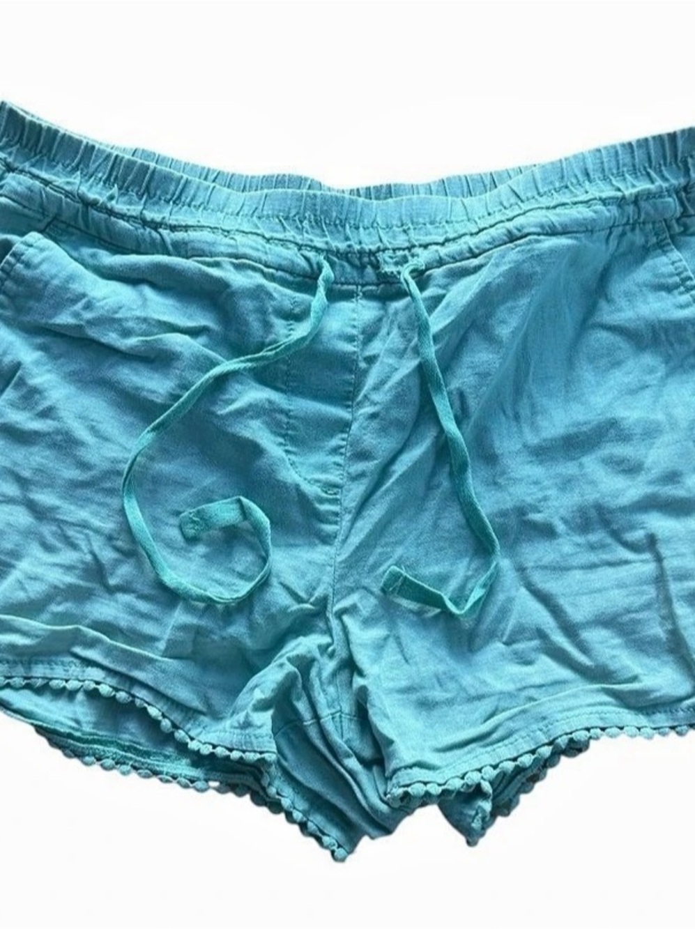 LOFT Outlet Teal Green Linen Cotton Pom Pom Trim Drawstring Riviera Shorts S